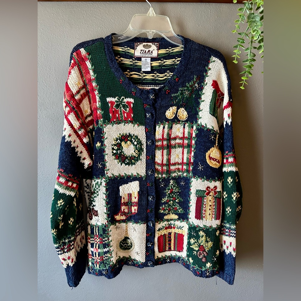 Vintage Tiara Knit Christmas Cardigan Zip Up Crochet Sweater Collectible Medium